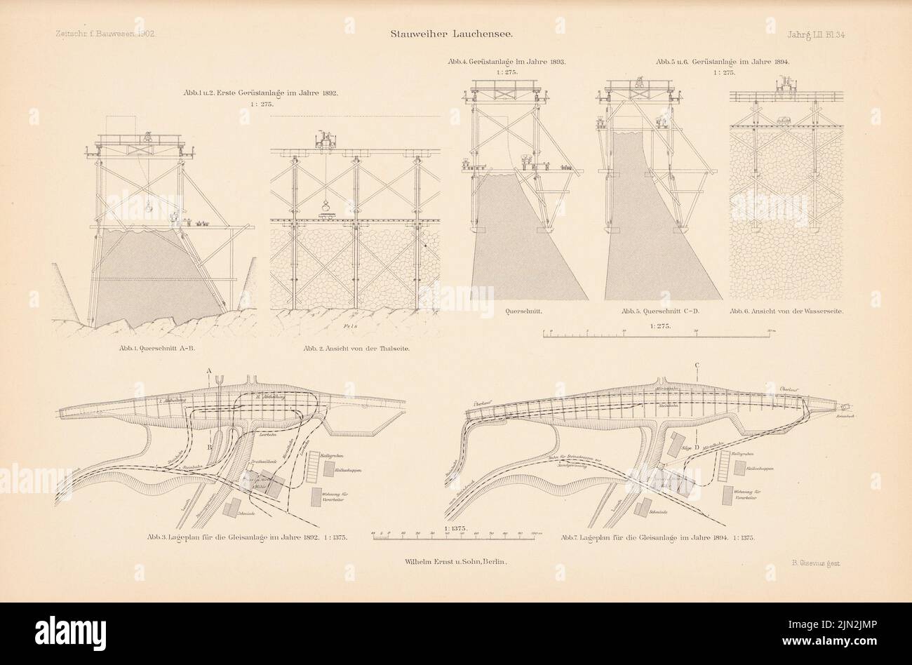 N.N., Stauweiler Lauchensee, Lautenbach. (Aus: Atlas zur Zeitschrift für Bauwesen, Hrsg. v. Ministerium für öffentliche Arbeit, Jg. 52, 1902): Pläne für Gleissysteme 1: 1375, Ansichten, Schnitte der Gerüstsysteme 1: 275. Stich auf Papier, 29,5 x 44,7 cm (einschließlich Scankanten) Stockfoto