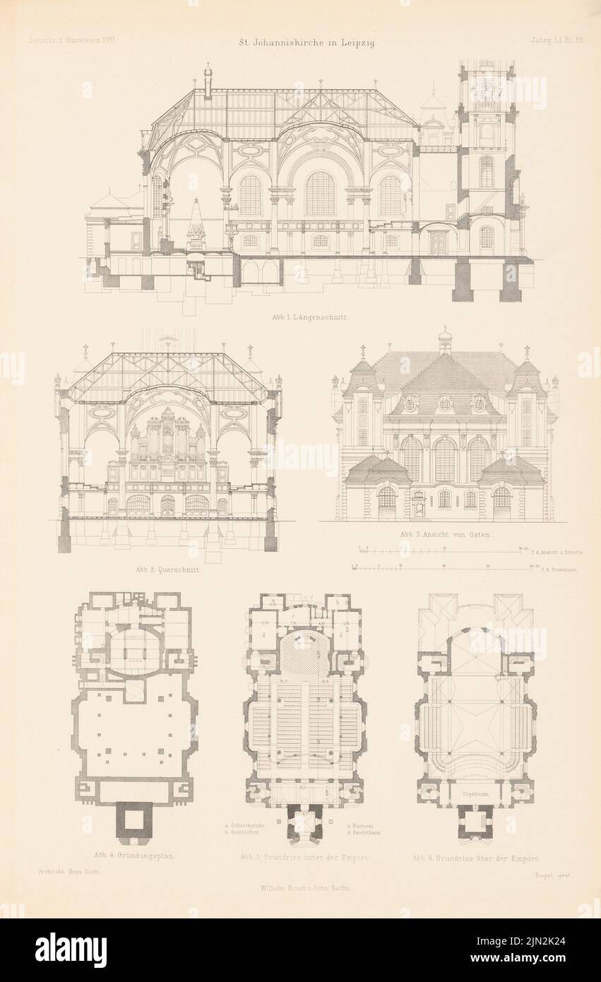 Licht Hugo (1841-1923), Johanniskirche, Leipzig. (Aus: Atlas zur Zeitschrift für Bauwesen, Hrsg. v. Ministerium für öffentliche Arbeit, Jg. 51, 1901): Blick nach Osten, Schnitte, Grundrisse. Stich auf Papier, 44,6 x 29,2 cm (einschließlich Scankanten) Stockfoto