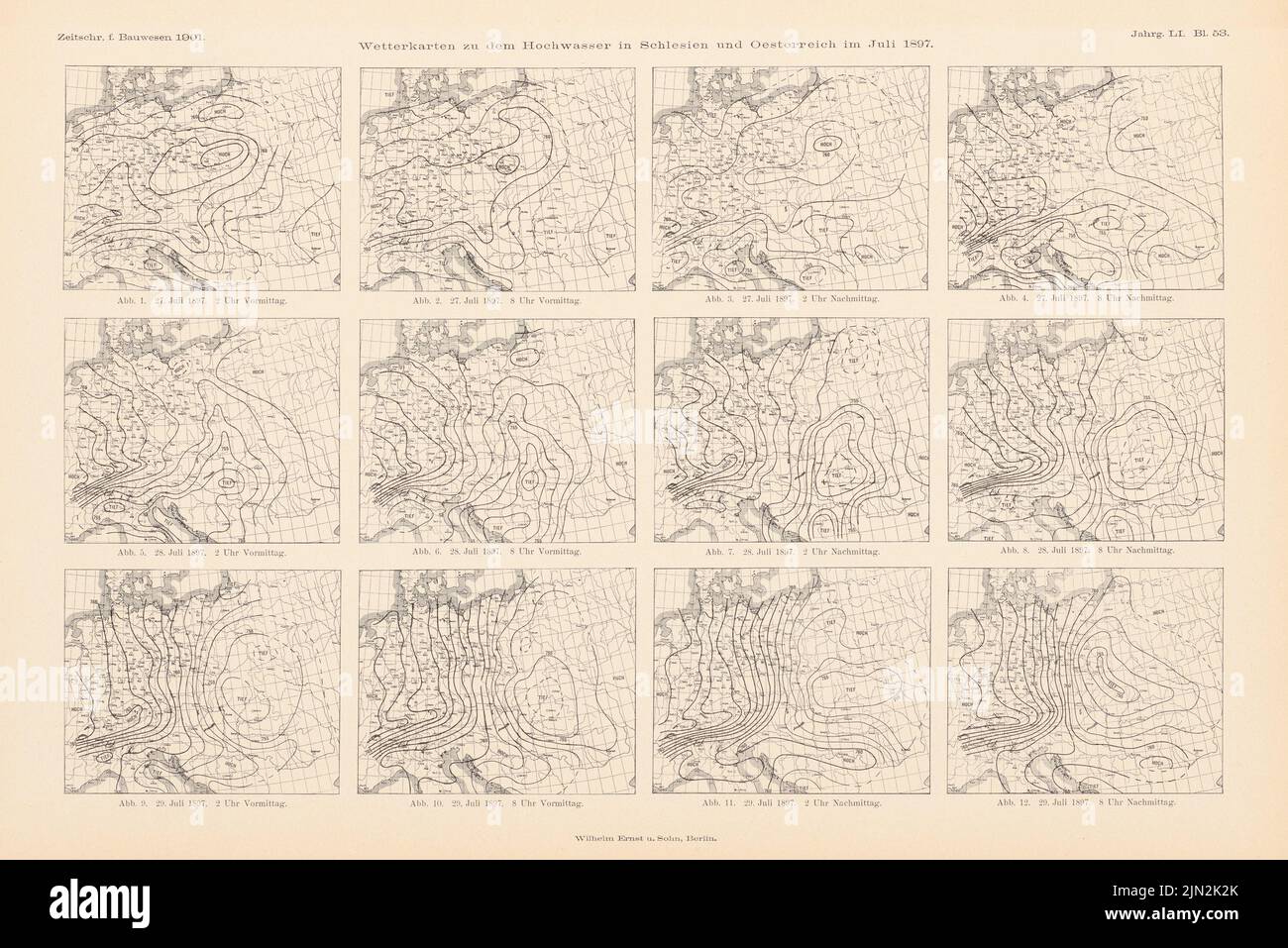 N.N., Wetterkarten für die Überschwemmung in Schlesien und Österreich im Juli 1897. (Aus: Atlas zum Magazin für Gebäude, Aufl. Druck auf Papier, 29,5 x 44,3 cm (inkl. Scankanten) Stockfoto