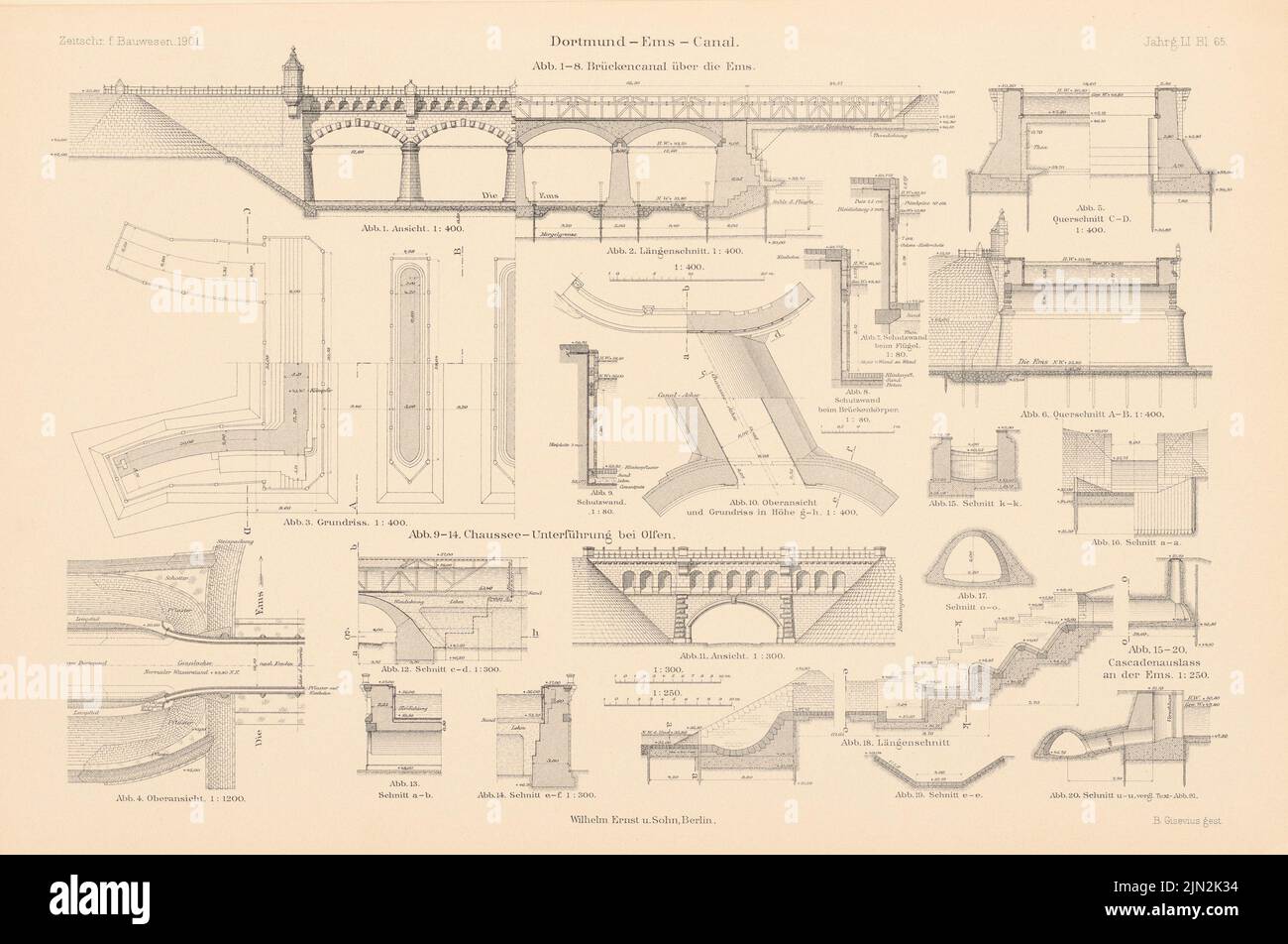 N.N., Dortmund-Ems-Kanal. Brückenkanal über die Ems, Greven. (Aus: Atlas zur Zeitschrift für Bauwesen, Hrsg. v. Ministerium für öffentliche Arbeit, Jg. 51, 1901): Ansichten, Grundrisse, Grundrisse 1: 1200, 1: 400, 1: 300, 1: 250, 1:80. Stich auf Papier, 29,4 x 44,4 cm (einschließlich Scankanten) Stockfoto
