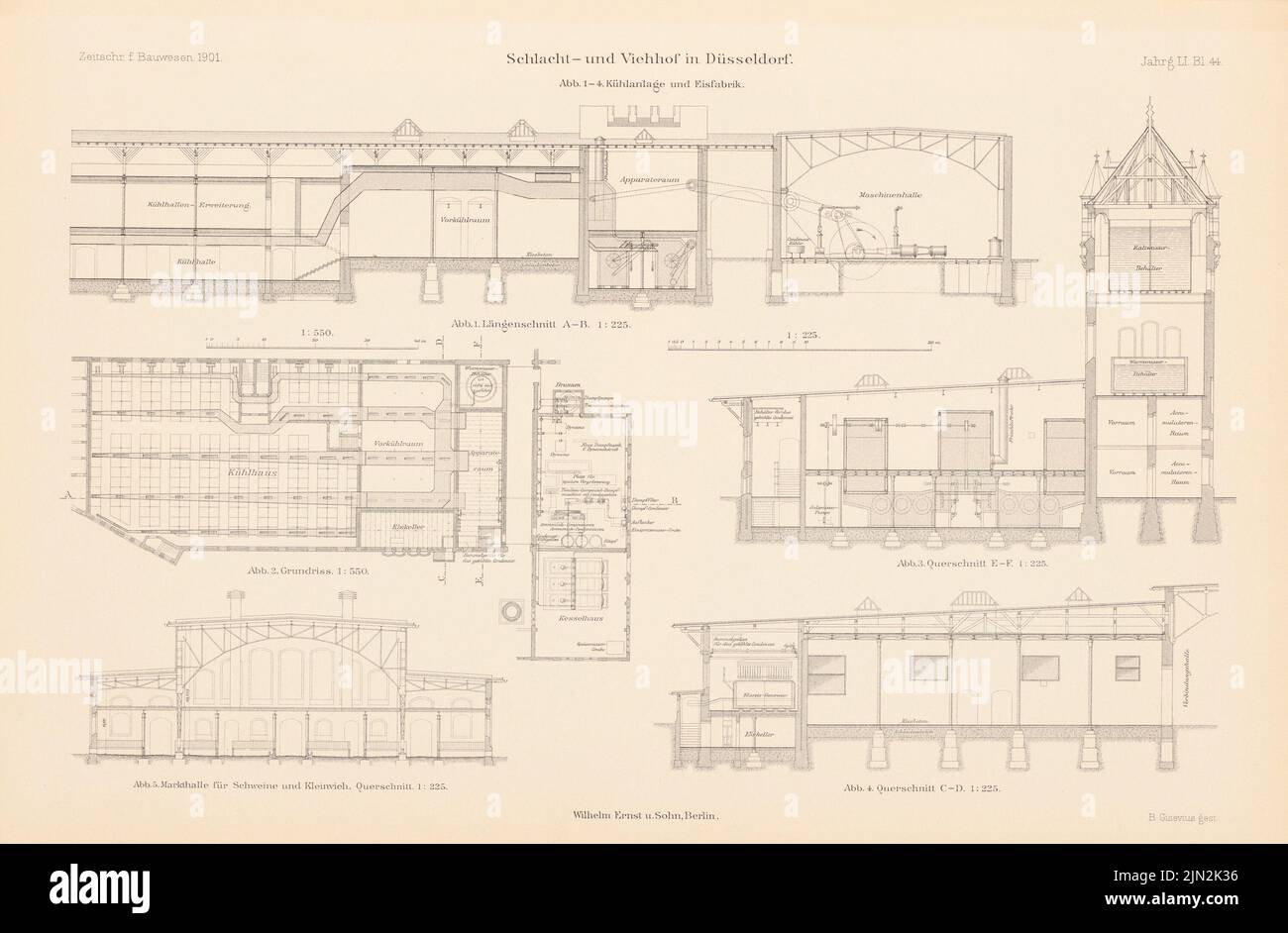 Osthoff Georg, Schlacht- und Viehhof, Düsseldorf. (Aus: Atlas zur Zeitschrift für Bauwesen, Hrsg. v. Ministerium für öffentliche Arbeit, geboren 44, 1894): Kühlsystem, Eisfabrik, Markthalle: Grundriß 1: 550, Schnitte 1: 225. Stich auf Papier, 29,2 x 44,5 cm (einschließlich Scankanten) Stockfoto