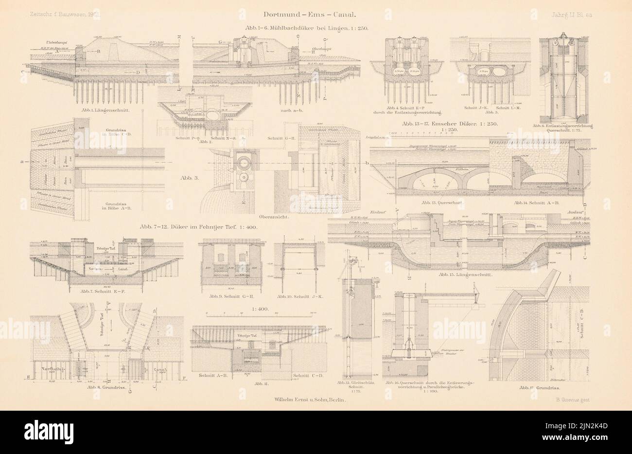 N.N., Dortmund-Ems-Kanal. Mühlbach-Düker, Lingen. (Aus: Atlas zur Zeitschrift für Bauwesen, Hrsg. v. Ministerium für öffentliche Arbeit, geboren 51, 1901): Ansichten, Grundrisse, Schnitte 1: 400, 1: 250, 1: 100, 1:75. Stich auf Papier, 28,9 x 44,5 cm (einschließlich Scankanten) Stockfoto