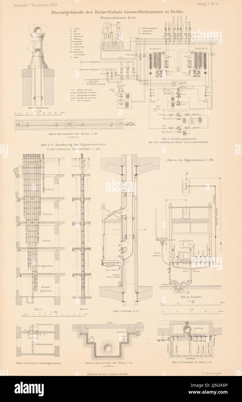 Busse August (1839-1896), Gesundheitsamt, Berlin. (Aus: Atlas zur Zeitschrift für Bauwesen, Hrsg. v. Ministerium für öffentliche Arbeit, geboren 50, 1900): Installation: Grundrisse, Schnitte 1: 150, 1:15, 1: 6. Stich auf Papier, 43,4 x 27,9 cm (einschließlich Scankanten) Stockfoto