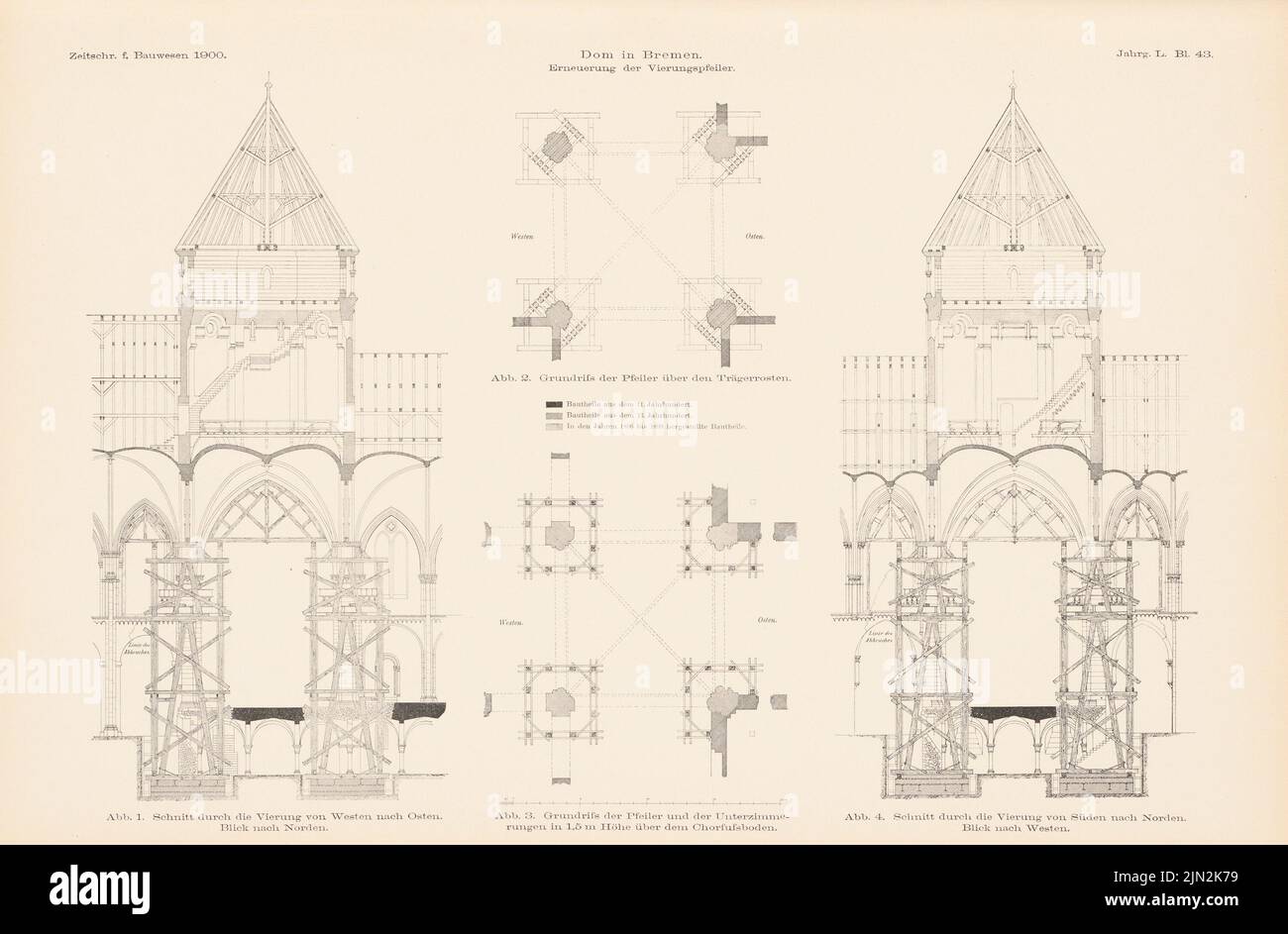 Salzmann Max (1850-1897), Dom, Bremen. Erneuerung der vier-Wege-Säulen. (Aus: Atlas zur Zeitschrift für Bauwesen, Hrsg. v. Ministerium für öffentliche Arbeiten, Jg. 50, 1900): Grundrisse, Schnitte. Stich auf Papier, 28,1 x 42,8 cm (einschließlich Scankanten) Stockfoto