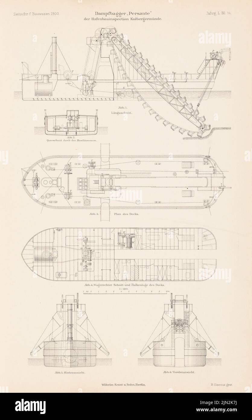 N.N., Dampfbagger »Persante« der Hafenbauinspektion Kolbergermünde, Kolberg. (Aus: Atlas zur Zeitschrift für Bauwesen, Hrsg. v. Ministerium für öffentliche Arbeiten, Jg. 50, 1900): Ansichten, Schnitte 1: 120. Stich auf Papier, 43 x 27,6 cm (einschließlich Scankanten) Stockfoto