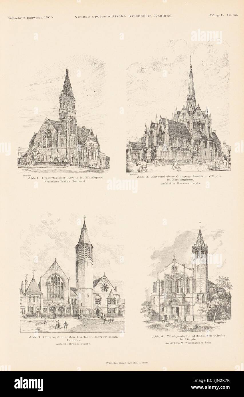 Banks & Townsend, neuere evangelische Kirchen in England. (Aus: Atlas zur Zeitschrift für Bauen, Hrsg. v. Ministerium für öffentliche Arbeit, geboren 50, 1900): Perspektivische Ansichten der Kirchen in Hartlepool, Birmingham, Delph und London. Druck auf Papier, 42,5 x 27,9 cm (einschließlich Scankanten) Stockfoto