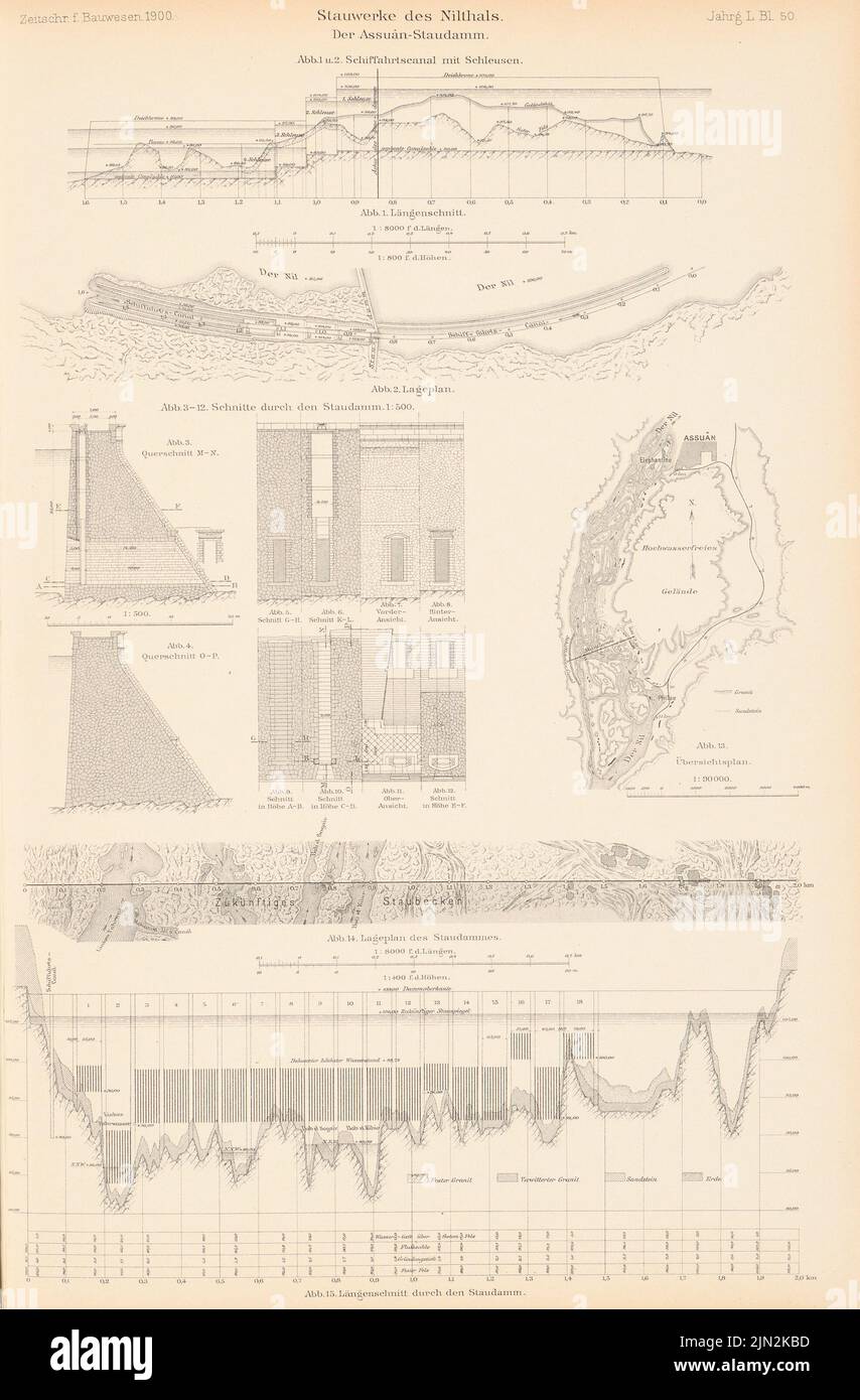N.N., Staus des Niltals. Staudamm, Asuan. (Aus: Atlas zur Zeitschrift für Bauwesen, Hrsg. v. Ministerium für öffentliche Arbeiten, Jg. 50, 1900): Abteilung, Kürzungen. Stich auf Papier, 42,7 x 28,1 cm (einschließlich Scankanten) Stockfoto