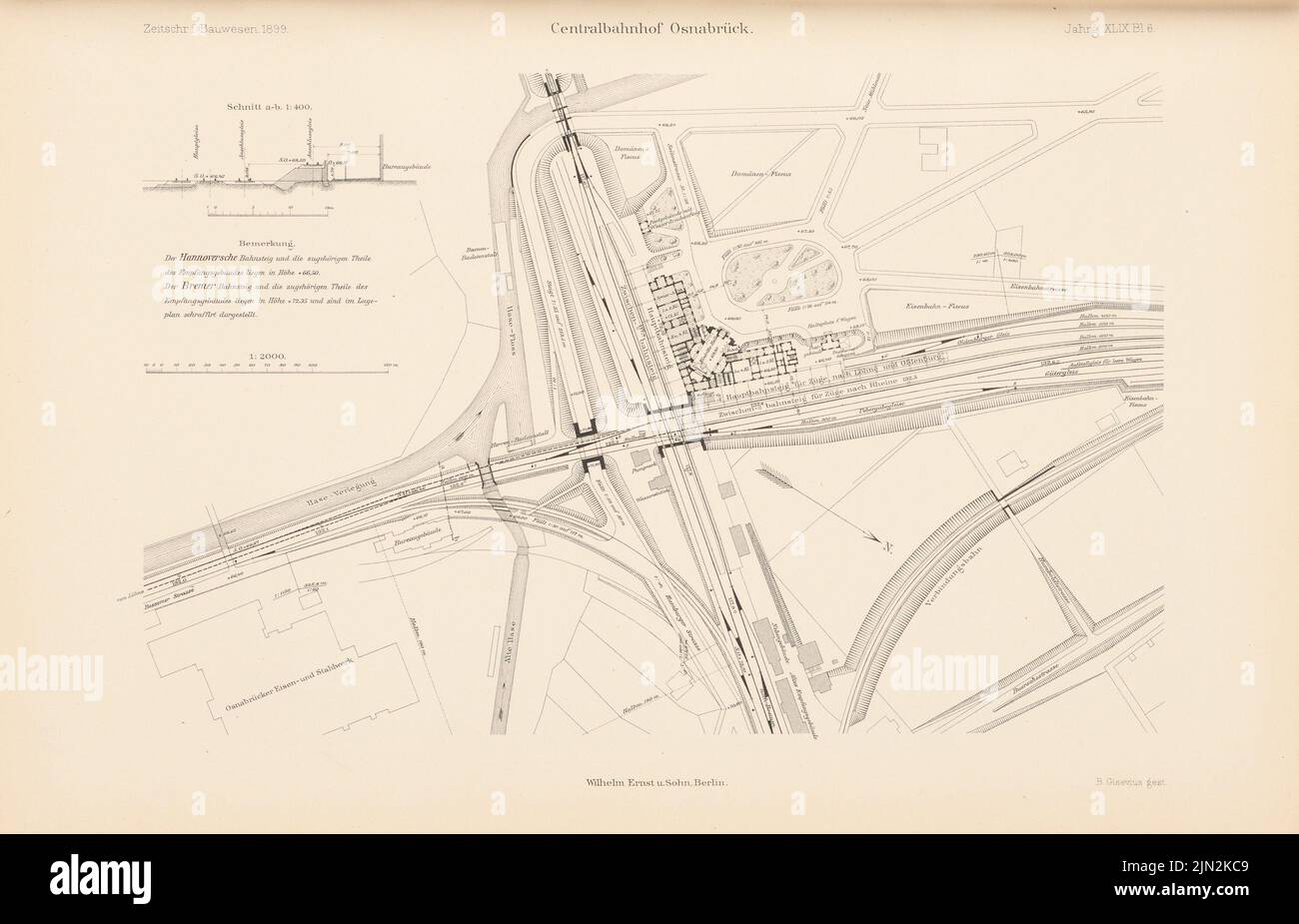 N.N., Hauptbahnhof, Osnabrück. (Aus: Atlas zur Zeitschrift für Bauwesen, Hrsg. v. Ministerium für öffentliche Arbeiten, Jg. 49, 1899): Abteilung 1: 2000, Durchschnitt 1: 400. Stich auf Papier, 27,8 x 43,2 cm (einschließlich Scankanten) Stockfoto