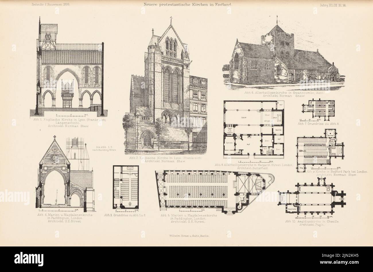 Shaw Norman (1831-1912), neuere evangelische Kirchen in England. (Aus: Atlas an die Zeitschrift for Building, hrsg. v. Ministry of Public Work, geb. 49, 1899): Ansichten, Grundrisse, Schnitte der Kirchen in Lyon, London, SwansCompbe, Bedford Park und Cheadle. Stich auf Papier, 28,4 x 42,9 cm (einschließlich Scankanten) Stockfoto