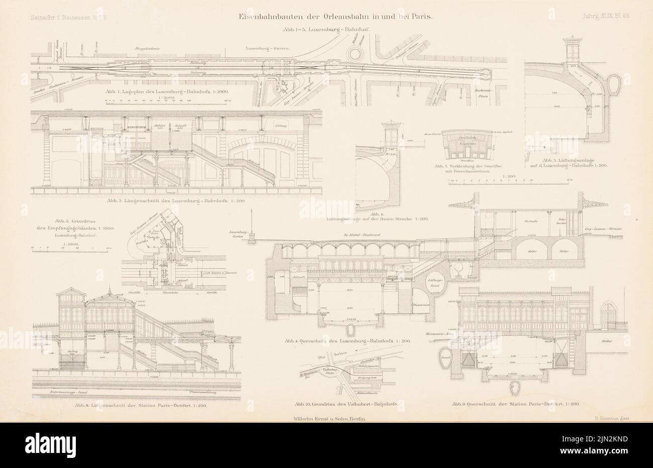 N.N., Eisenbahngebäude der Orleansbahn, Paris. Bahnhof Luxemburg. (Aus: Atlas zur Zeitschrift für Bauwesen, Hrsg. v. Ministerium für öffentliche Arbeit, Jg. 49, 1899): Abteilung 1: 2000, Ansichten, Schnitte 1: 200. Stich auf Papier, 27,9 x 43,2 cm (einschließlich Scankanten) Stockfoto