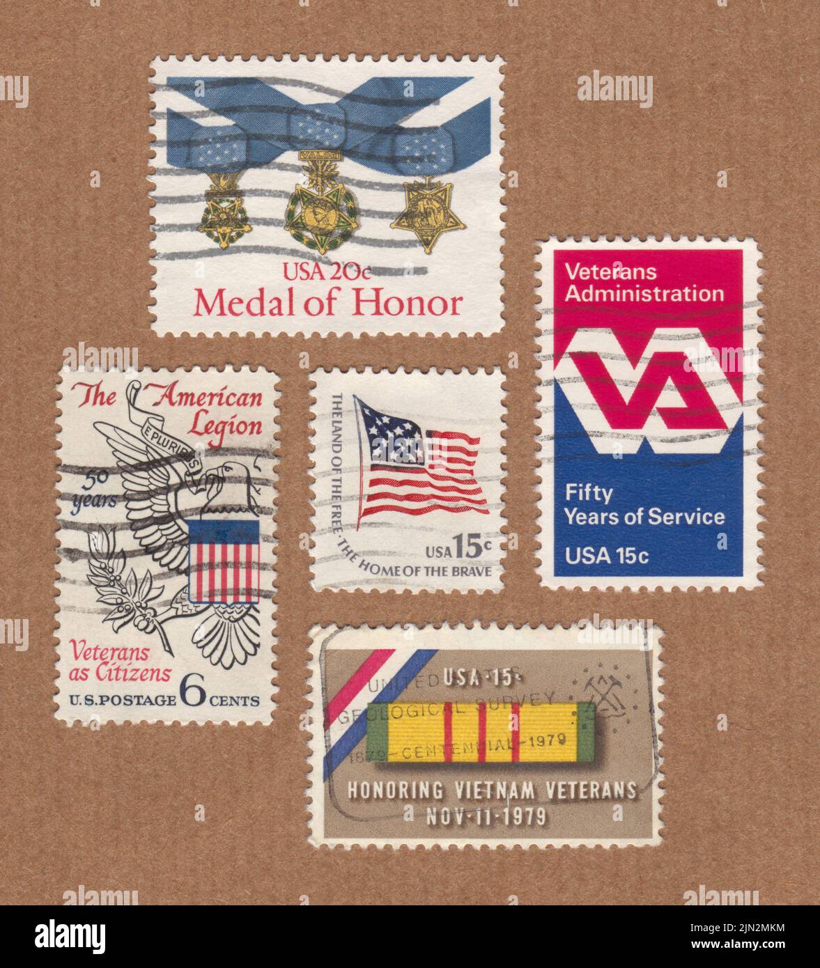 Sammlung von alten US-Poststempel, zu Ehren von Vietnam Veteranen, US Veteranen Administration, der American Legion, Medal of Honor, Stockfoto