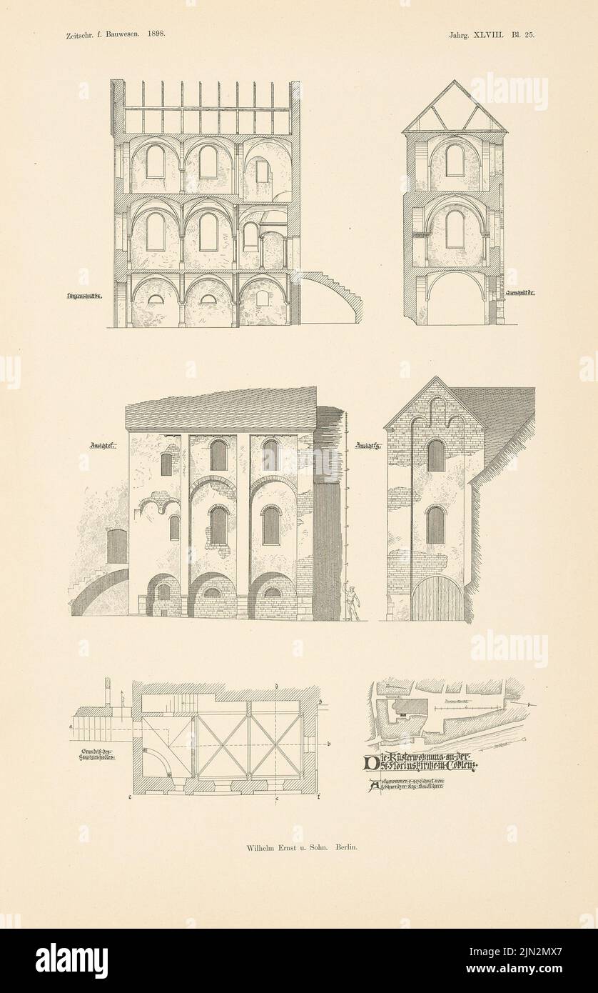 St. Florinskirche, Koblenz. Sextal Wohnung: Lageplan, Ansichten, Grundriß, Schnitte (von: Atlas zum Magazin für Gebäude, Hrsg. Stockfoto