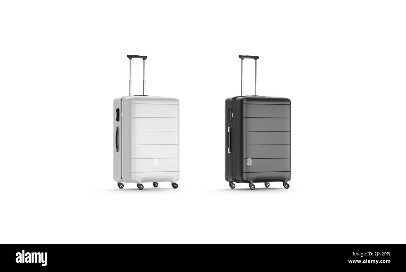 Blank schwarz-weißer Koffer mit Griffmockup, halbgedrehte Ansicht Stockfoto