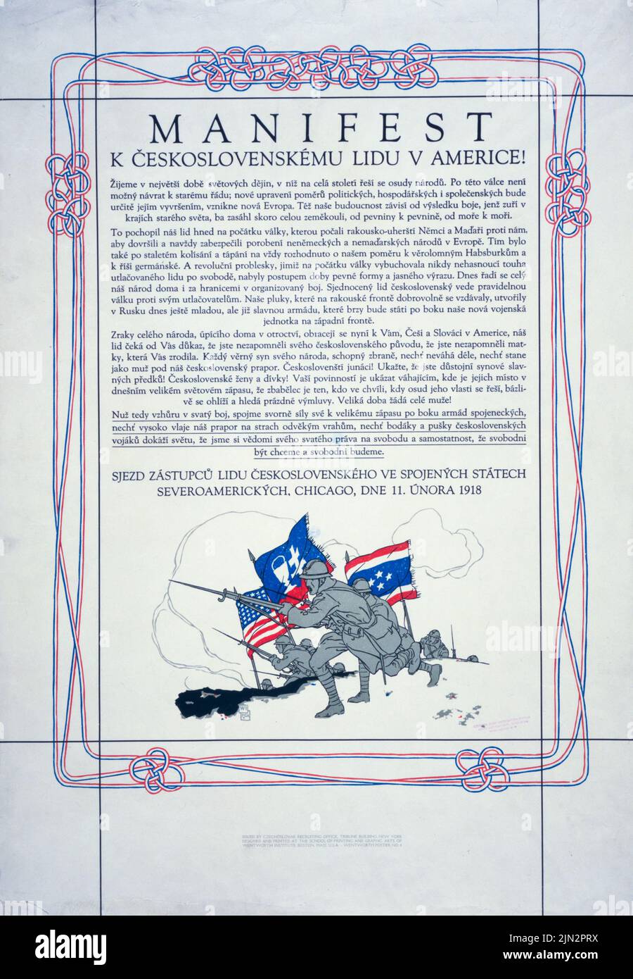 Manifest k Československému lidu gegen Americe! (Manifest für das tschechoslowakische Volk in Amerika!) (1918) Plakat aus der Zeit des Ersten Weltkriegs in der Tschechischen Republik von Vojtěch Preissig Stockfoto