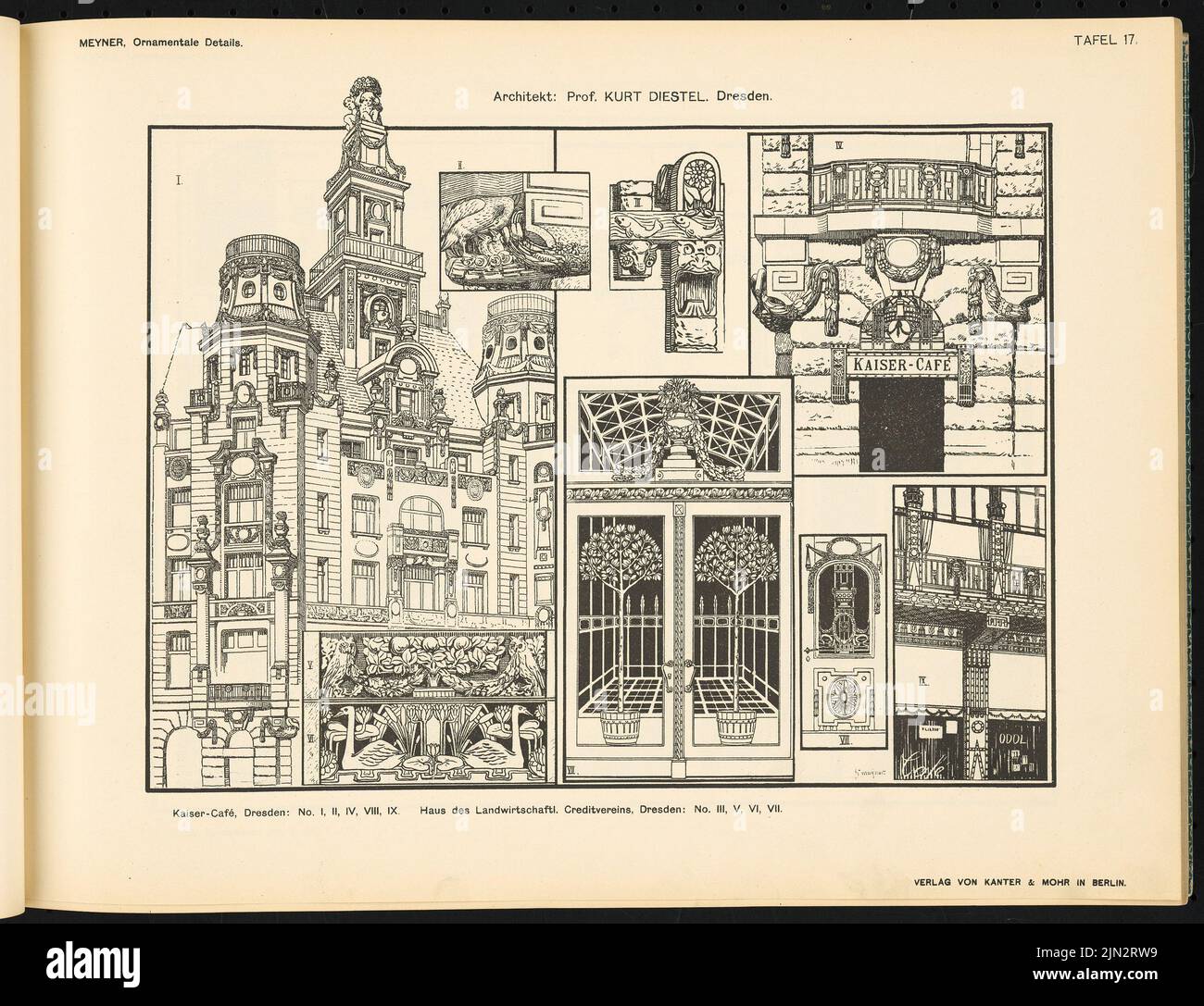 Kurt Diestel (1862-1946, als Architekt): Kaiser-Café und Haus des Agrarkreditverbandes, Dresden (aus: Zierdetails moderner Architektur, hrsg. Friedrich Meyner) Stockfoto