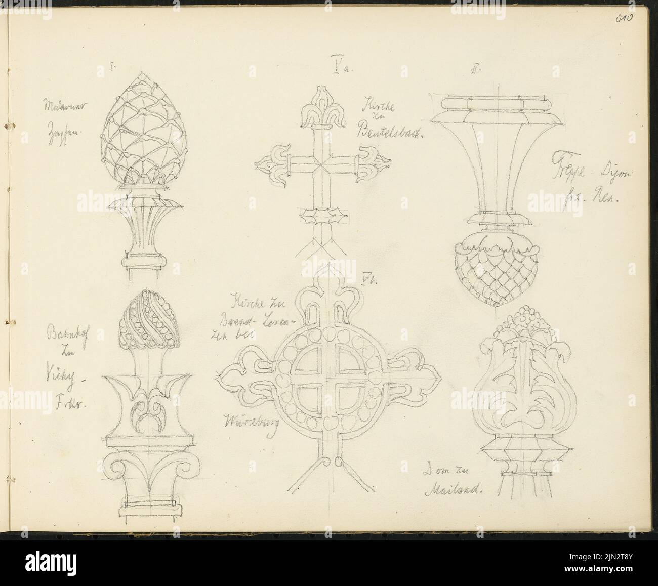 Skizzenbuch 4: Ornament- und Architekturstudien, I. moderner Kegel, Treppenhaus dijon Französische Renaissance, Bahnhof nach Vichy Frankreich, Va. Kirche zu Beutelsbach, VB. Kirche Brendlorenzen bei Würzburg, Mailänder Dom, Stockfoto