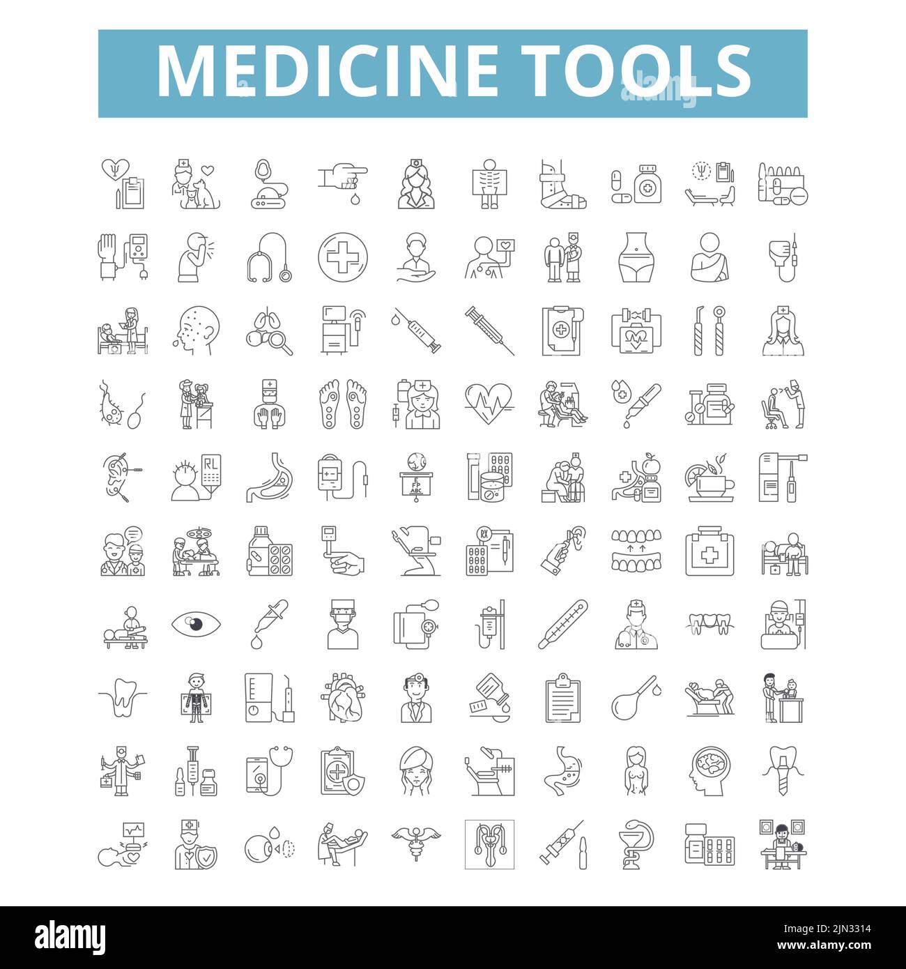 Medizinwerkzeuge Symbole, Liniensymbole, Netzschilder, Vektorset, isolierte Illustration Stock Vektor