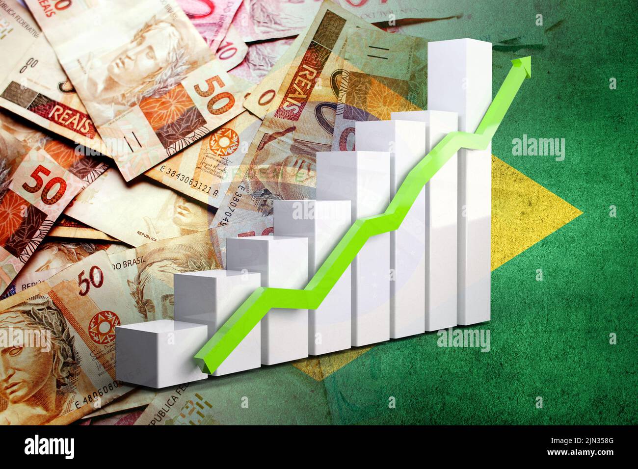 Diagramm der Wirtschaft: Aufwärtspfeil, brasilianische Reals-Bargeldscheine und Brasilien-Flagge Stockfoto