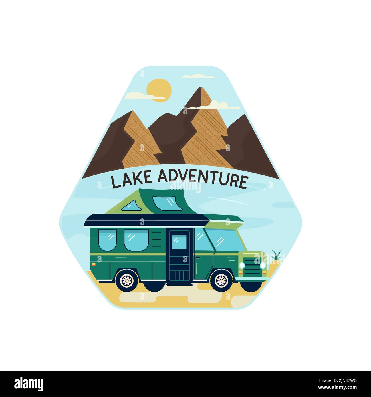 Vektor-Illustration von Cartoon Wohnmobil in der Nähe Teich in den Bergen mit Lake Adventure Inschrift auf weißem Hintergrund geparkt. Stock Vektor