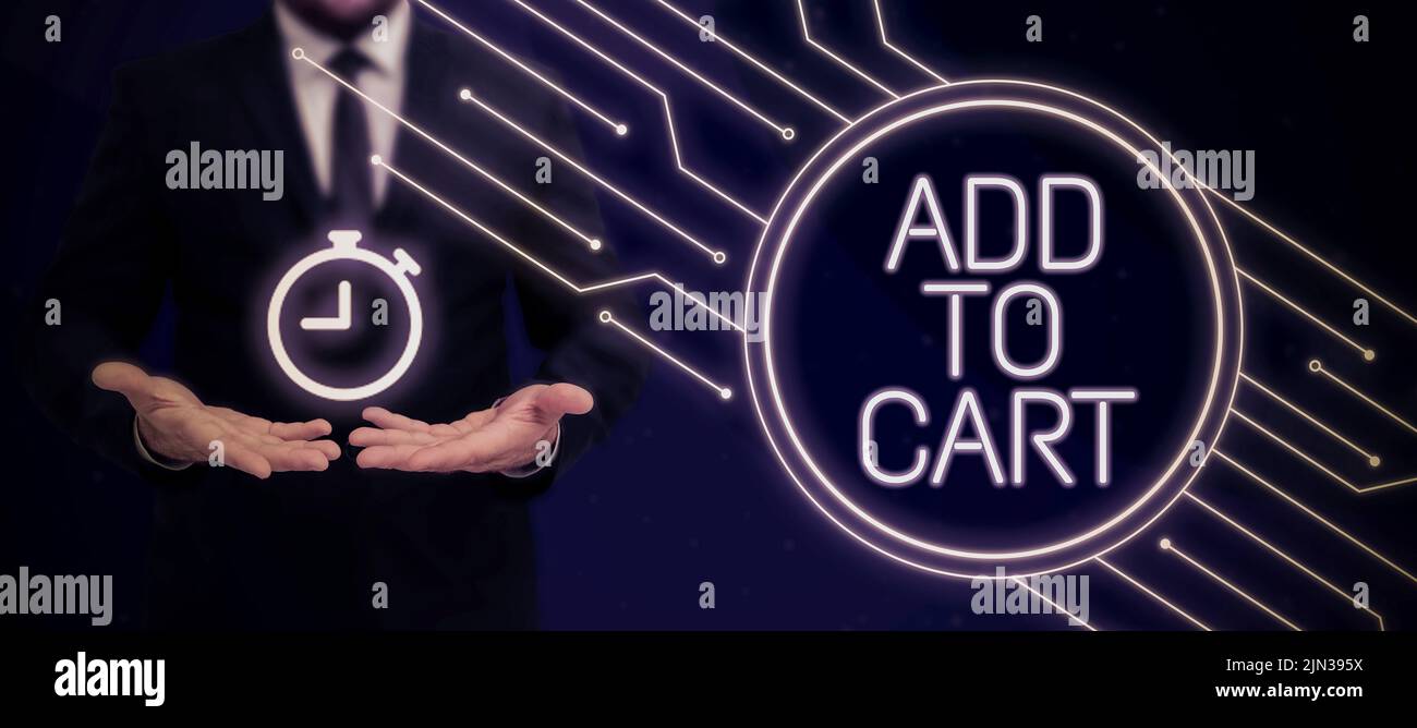 Textunterschrift Presenting in den Warenkorb, Unternehmensübersicht Online-Einkauf E-Commerce moderne Technologien zum Einkaufen Geschäftsmann in Anzug mit offenen Handflächen Stockfoto