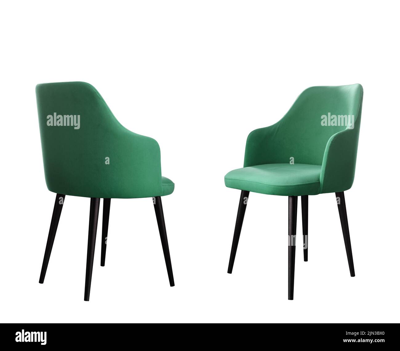 Vorder- und Rückansicht von gelben modernen Esszimmerstuhl mit schwarzen Beinen isoliert auf weißem Hintergrund mit Kopierraum Stockfoto