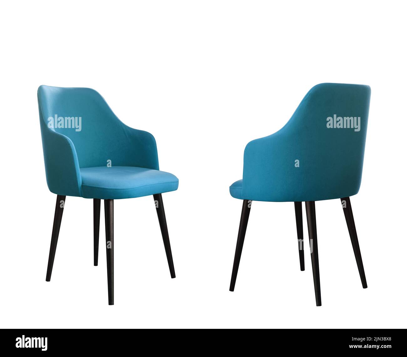 Vorder- und Rückansicht von blauen modernen Esszimmerstuhl mit schwarzen Beinen isoliert auf weißem Hintergrund mit Kopierraum Stockfoto