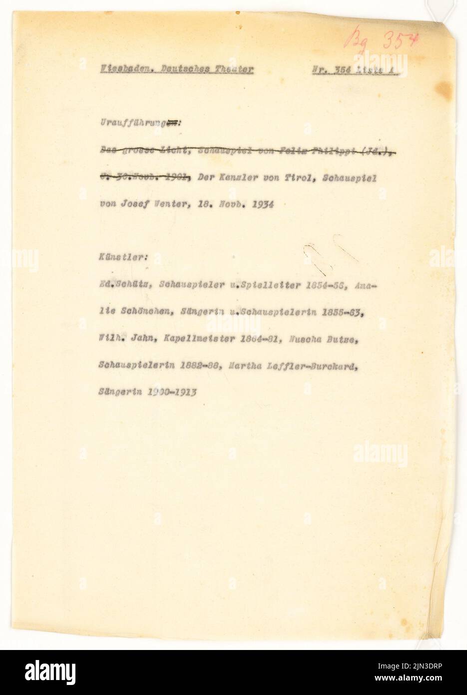 Königliches Hoftheater, Wiesbaden: Labor auf dem Fragebogen zum Handbuch »das Deutsche Theater« Stockfoto