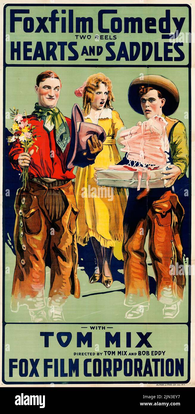 Vintage Filmposter für den Film Hearts and Saddles feat Tom Mix aus dem Jahr 1917 Stockfoto