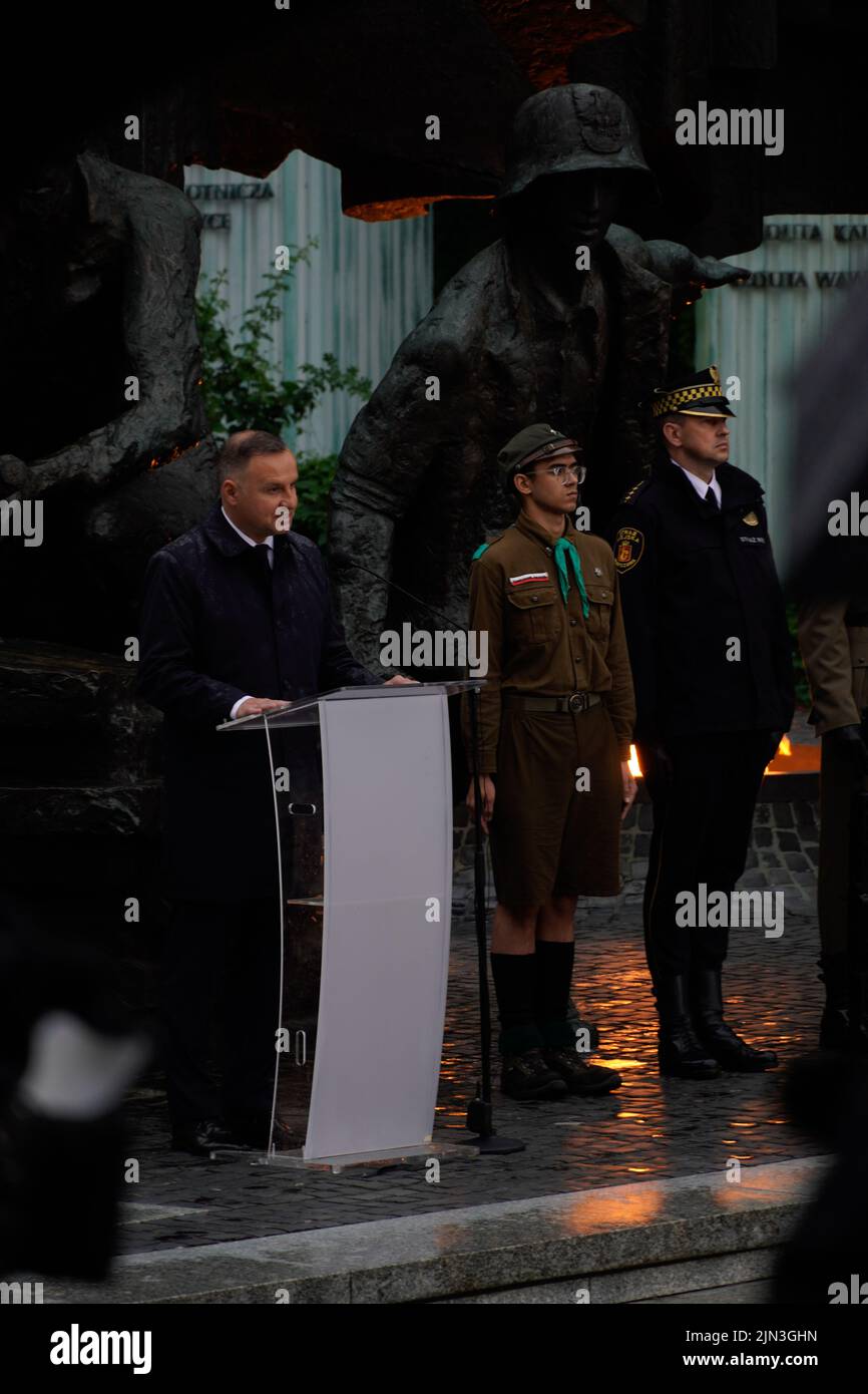 Der polnische Präsident Andrzej Duda spricht an die Warschauer Aufständischen und Gäste Stockfoto
