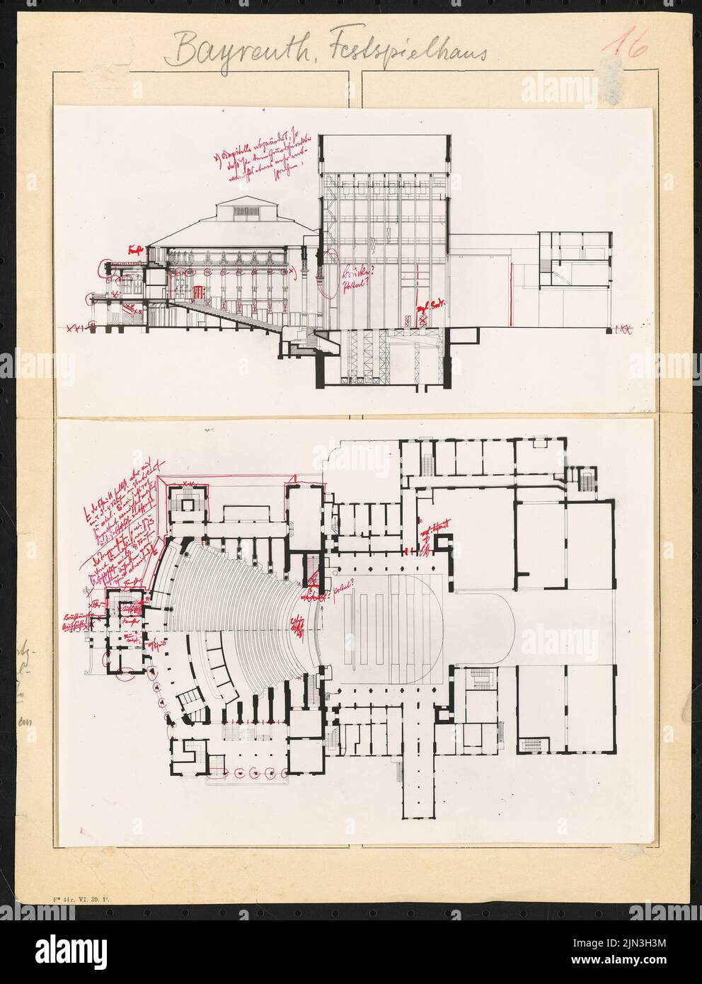 Festspielhaus, Bayreuth: Grundriß und Längsschnitt Stockfoto