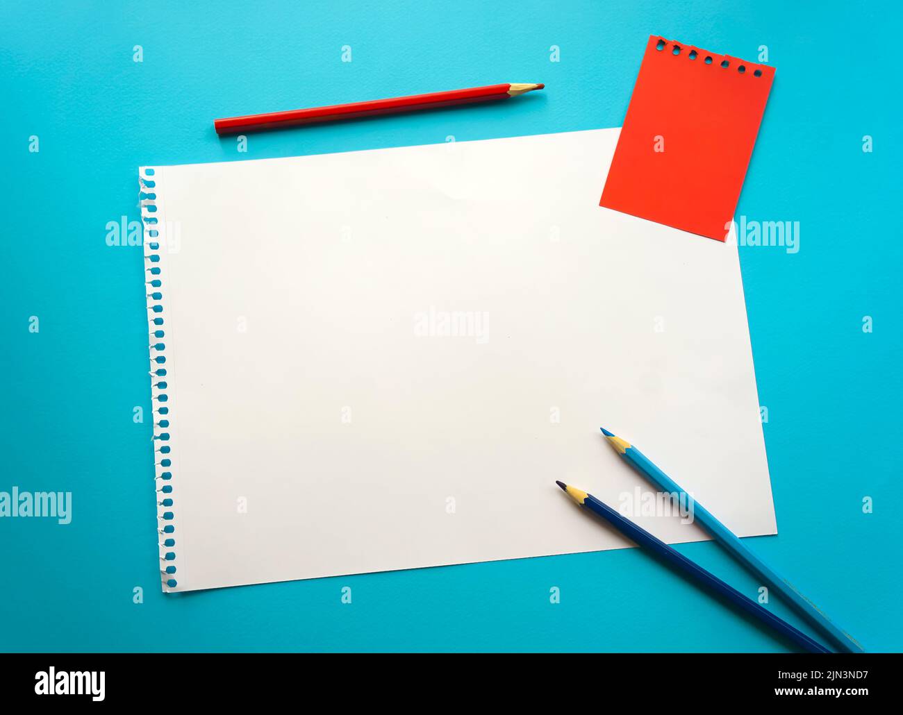 Leeres Blatt Papier Platz für Design und Beschriftung auf einem schönen  blauen Hintergrund, blaue Stifte. Ein Blatt perforiertes Papier, das aus  einer Notepad-Auflage gerissen wurde Stockfotografie - Alamy