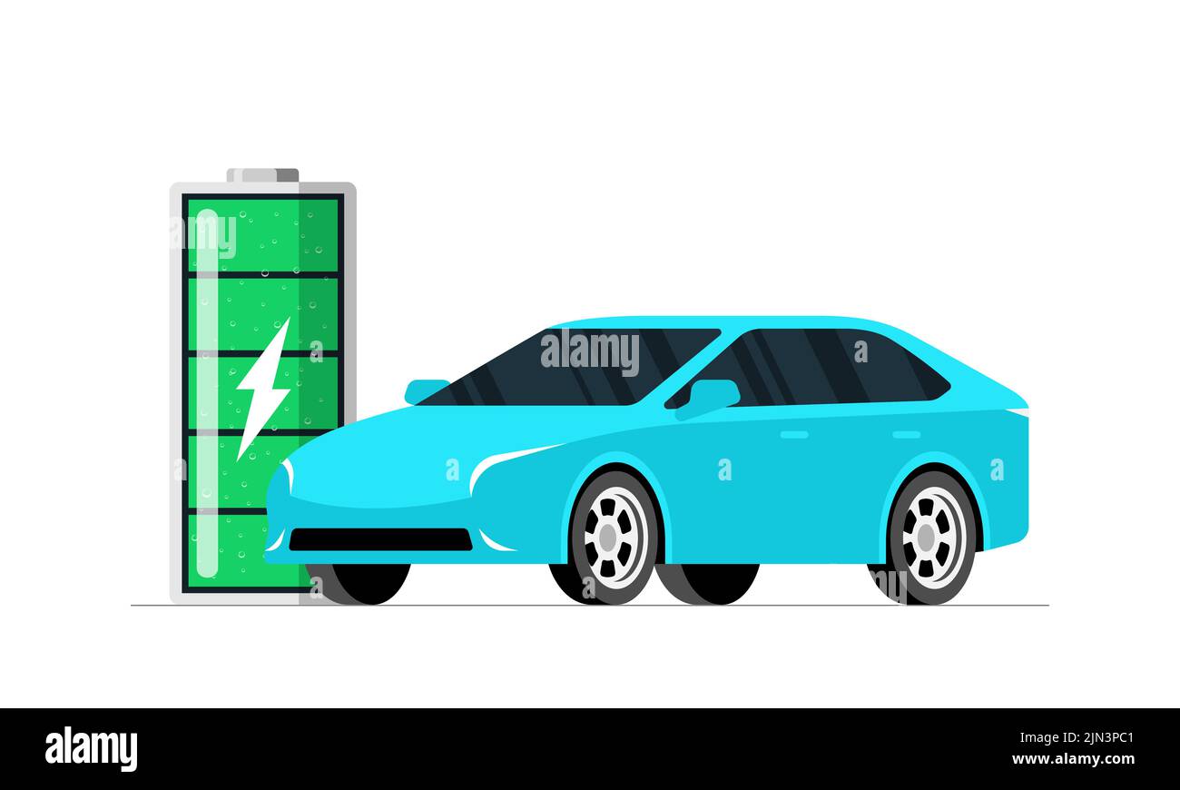 Konzept der Ladestation für Elektroautos. Intelligentes, blaues Elektrofahrzeug mit grüner Batterie. Elektrifizierte moderne EV-Transportstromladung. Eco Transport Energie aufladen. Vektorgrafik Stock Vektor