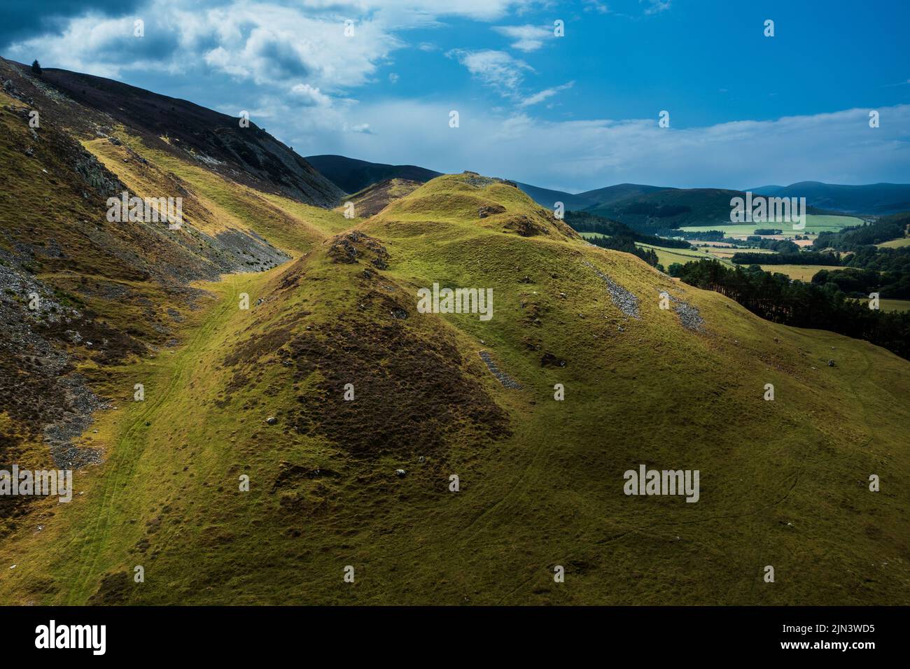 Aus der Vogelperspektive von Tinnis Castle (Dun Meldred) in der Nähe von Drumelzier im oberen Tweed Valley Stockfoto