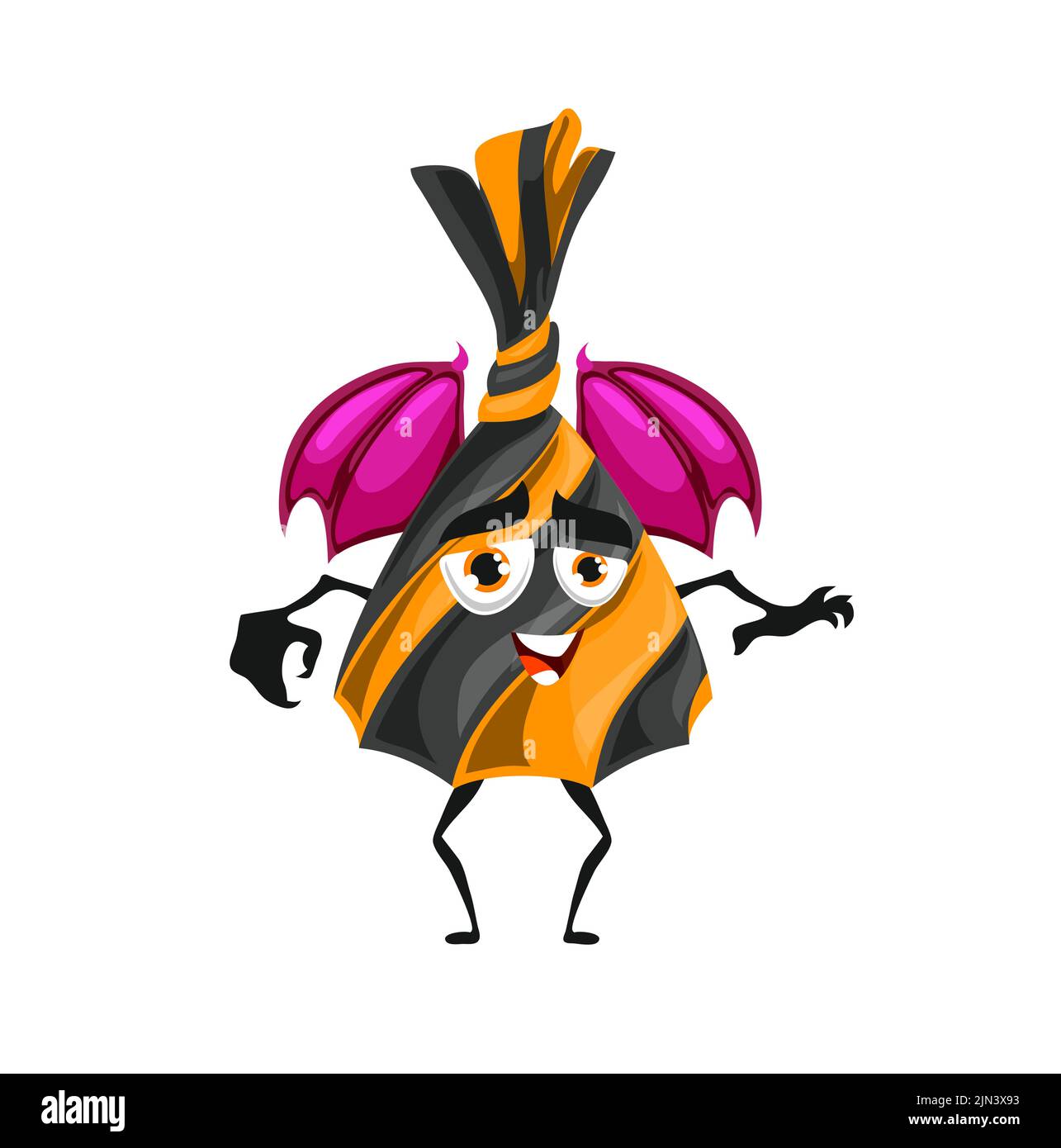 Halloween Süßigkeiten Charakter mit Fledermausflügeln. Vektor lustige Dessert, Cartoon freche Trüffel Monster. Verpackte Süßwaren für Kinder Trick or Treat Party. Isolierte süße Patisserie-Persönlichkeit, Snack für den Urlaub Stock Vektor