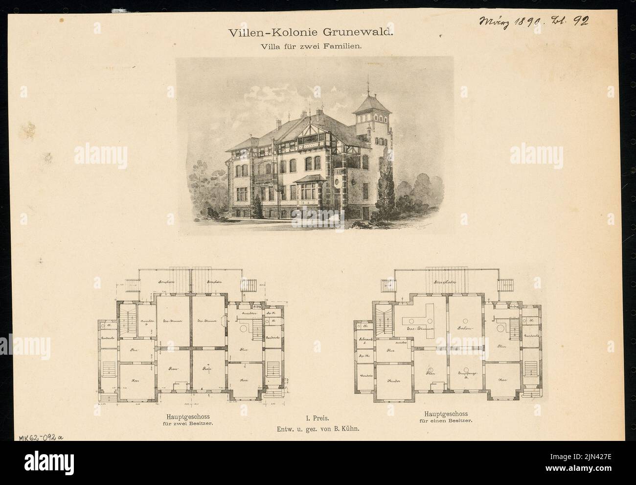 Bernhard Kühn (1838-1917): Villa für zwei Familien, Berlin-Grunewald. Monatlicher Wettbewerb März 1890, engere Konkurrenz April 1890 Stockfoto