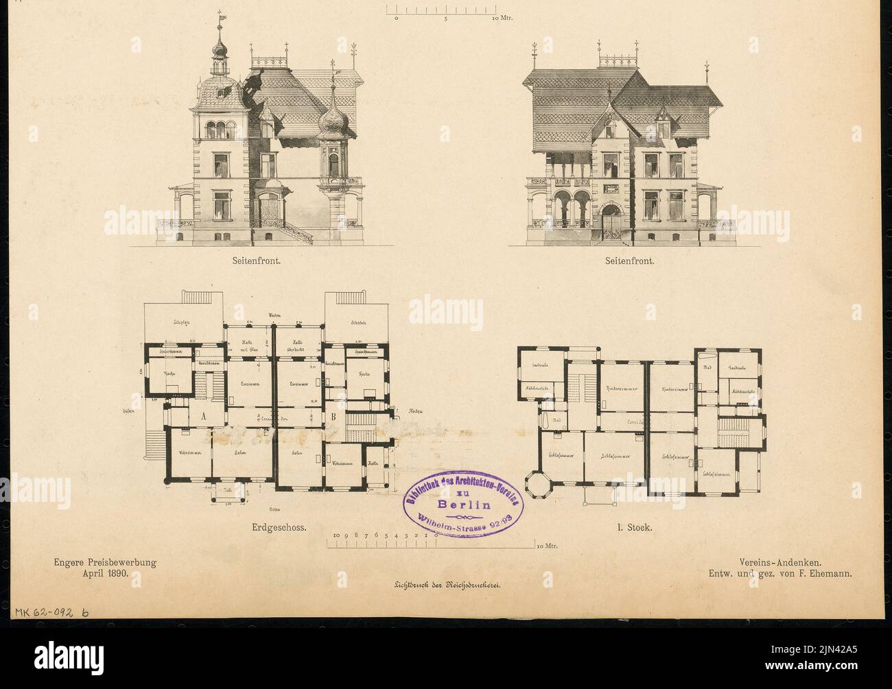 Franz Ehemann (1847-1919): Villa für zwei Familien, Berlin-Grunewald. Monatlicher Wettbewerb März 1890, engere Konkurrenz April 1890 Stockfoto