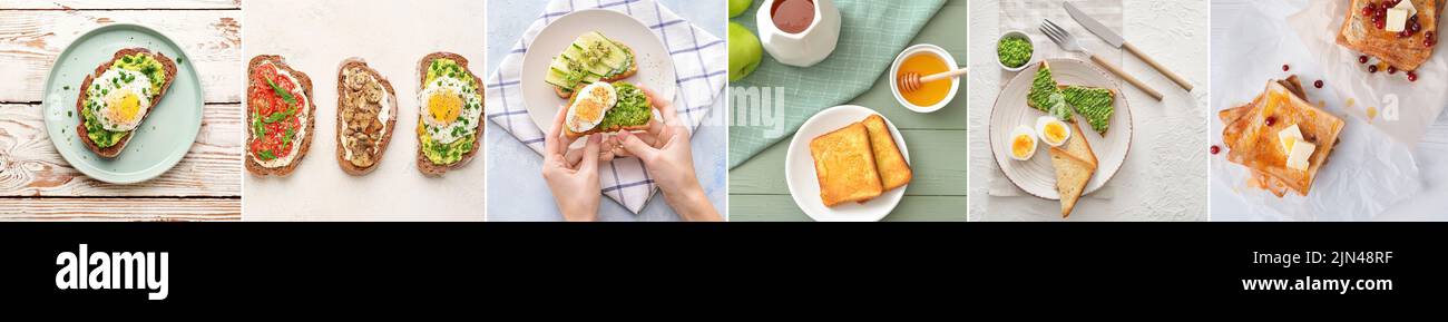 Leckeres Toast mit Eiern, Pilzen, Avocado, Käse, Honig und Beeren auf hellem Hintergrund, Draufsicht Stockfoto