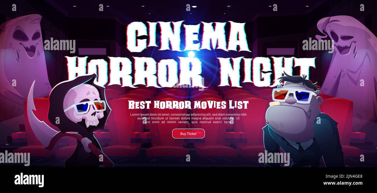 Poster der Kino-Horror-Nacht im Kino. Vektor-Poster von gruseligen Filmen Festival mit Cartoon-Illustration von Kinosaal Innenraum mit Sitzen, Monster in 3D Gläser und Geister Stock Vektor