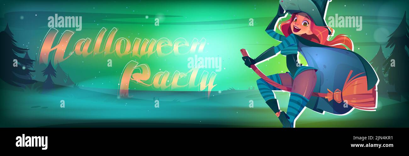 Halloween Party Poster mit hübschen Hexen Mädchen fliegen auf Besen in der Nacht. Vektor-Banner mit Cartoon-Fantasy-Illustration der jungen Frau in Hexenkostüm und dunklen Waldlandschaft Stock Vektor