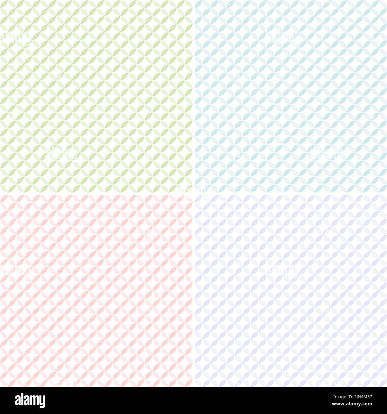 Nahtlose Muster geometrischer Formen in verschiedenen Pastellfarben auf Weiß. Vier hochauflösende abstrakte Hintergründe. Stockfoto