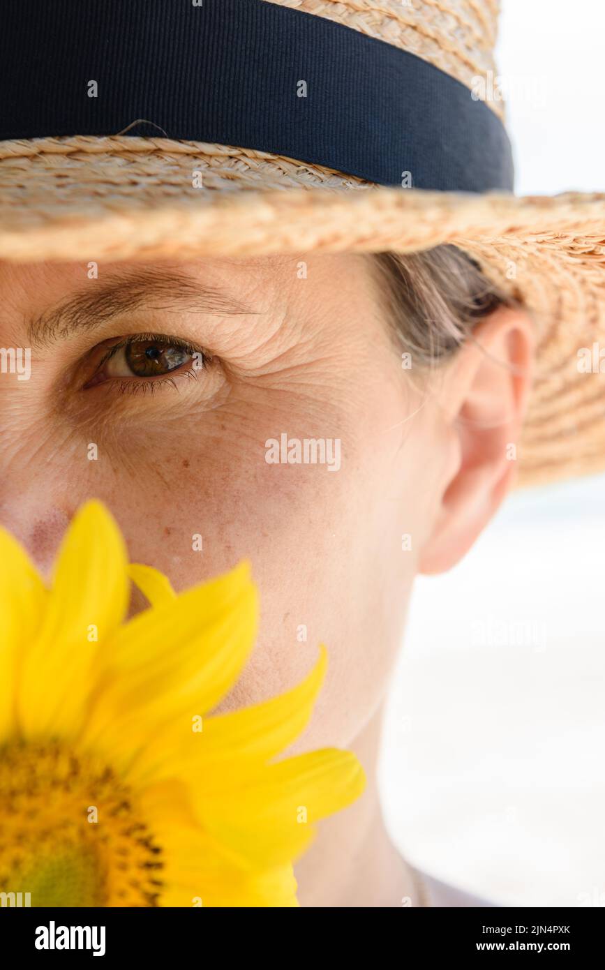 Abgeschnittenes Kopfporträt einer grauhaarigen grünäugigen Frau in Strohhut, die den unteren Teil ihres Gesichts mit Sonnenblumen bedeckt und aufmerksam auf die Kamera schaut. Stockfoto