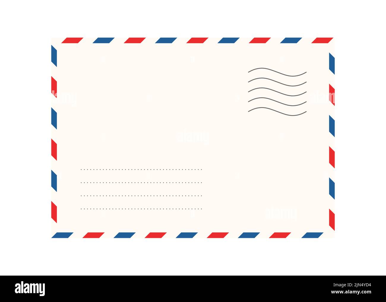 Luftpost-Umschlagrahmen mit Briefmarken. Vintage Air Mail Postkarte zurück Vorlage mit diagonalen blauen und roten Streifen. Rückseite der Reisepostkarte Stock Vektor