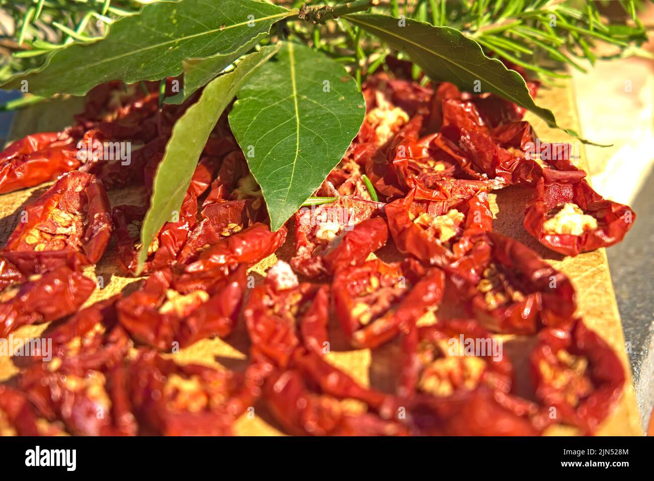 Platte getrockneter Tomaten mit mediterranen Kräutern Stockfoto