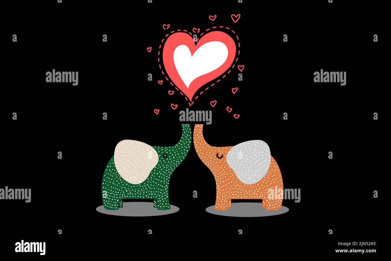 Niedliche Elefanten Karikatur zeigt Liebe. Großes Herz weiß und rot. Kleine Herzen und eine herzförmige gepunktete Linie umgeben. Stock Vektor