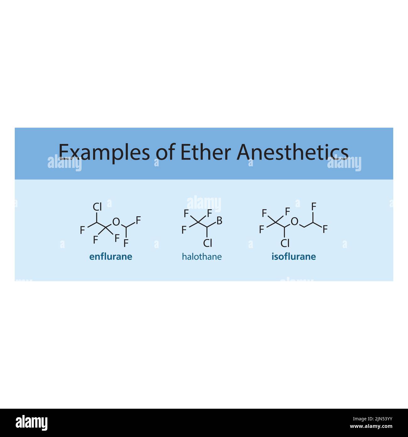 Chemische Struktur ausgewählter Beispielanästhetik - Enfluran, Halothan, Isofluran - auf blauem Hintergrund. Stock Vektor