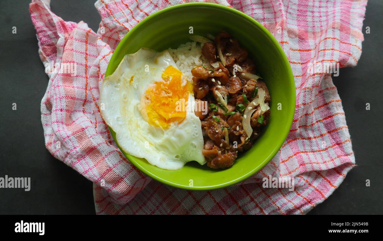 Hausgemachter Bibimbap-Reis in einer Schüssel ist Bibimbap ein koreanisches Gericht, Reis in einer Schüssel mit Gemüse, Rindfleisch, Eiern und würziger Gochujang-Sauce Stockfoto