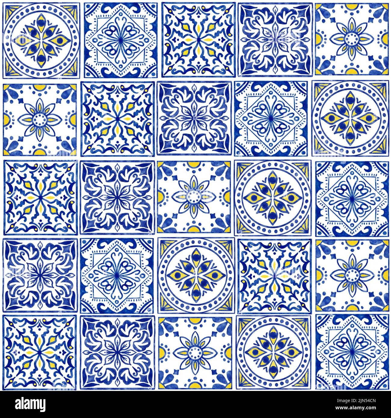 Handgezeichnetes, nahtloses Aquarell-Muster mit blauen weißen Azulejo-portugiesischen Keramikfliesen. Ethnische portugal geomentric Indigo wiederholte Wand Boden Ornament. Arabischer ornamentaler Hintergrund Stockfoto