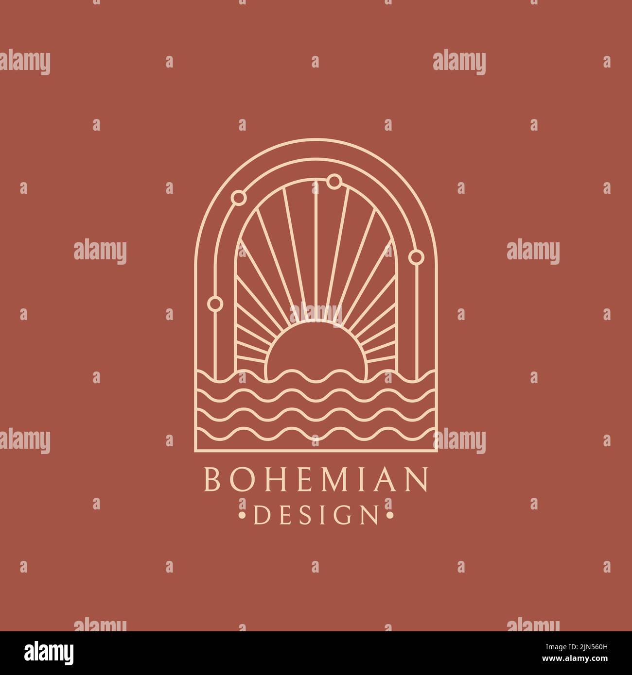 Boho-Logo. Vektor isoliert Bohemien Design mit Sonne und Wellen des Ozeans. Bogenform. Trendiges Linienemblem für Boho-Hotels, Meditationsstudios, Meeresstrände. Stock Vektor