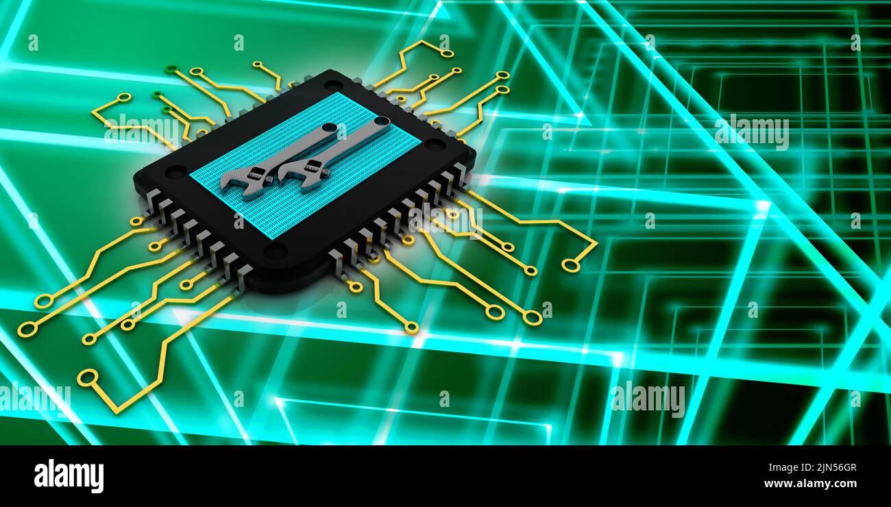 3D Rendering Einstellbarer Schraubenschlüssel auf neuesten Computer-Mikrochips Stockfoto