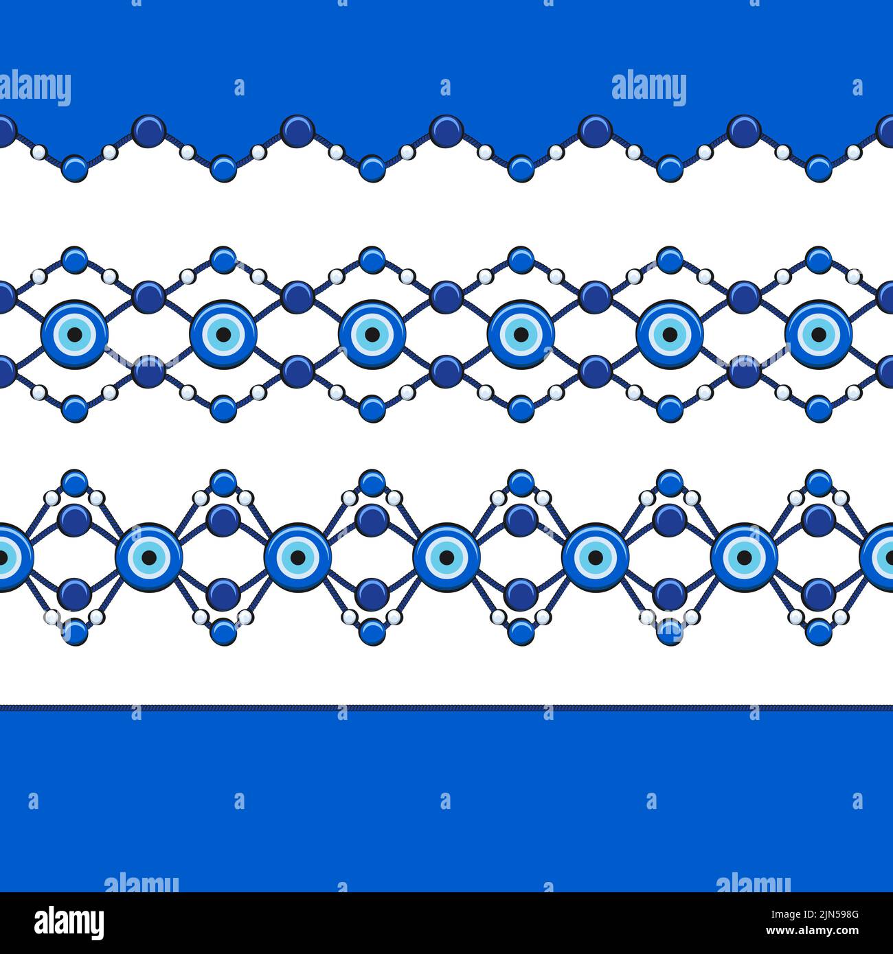 Set von horizontalen nahtlosen Mustern mit Auge von fatima und Perlen. Vektorgrafik. Stock Vektor